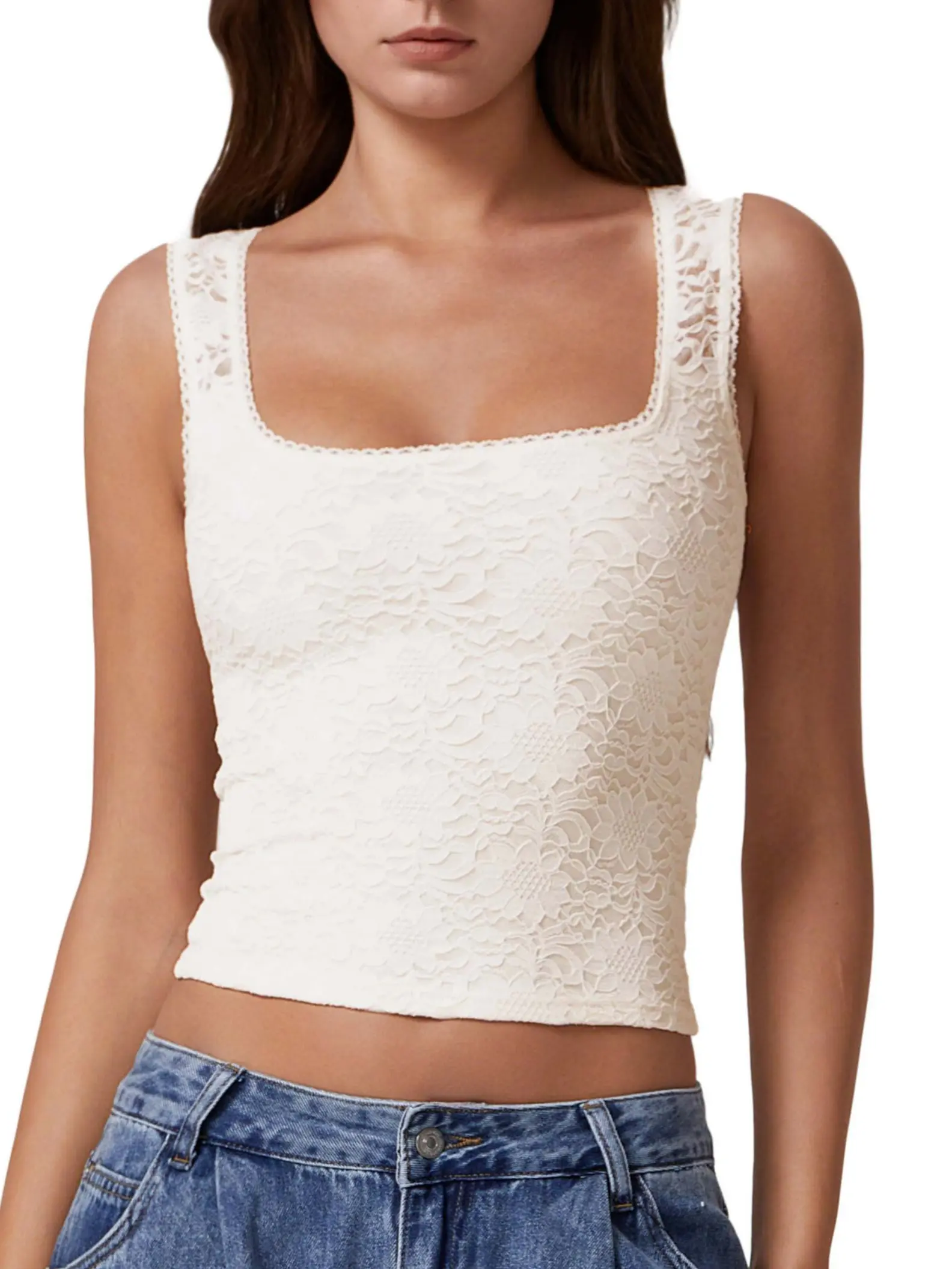 QINSEN Women's Lace Trim Square Neck Sleeveless Double-Layer Tank Top QINSEN Women's Lace Trim Square Neck Sleeveless Double-Layer Tank Top