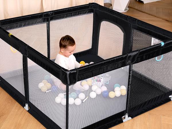 Dearlomum 50"x50"/71"x59" Extra Large Baby Playpen for Babies & Toddlers Safe Activity Center with Soft Play Fence Indoor Safety Yard Easy to Assemble Clean Nonremovable Waterproof Thick Mat  Black/Gray