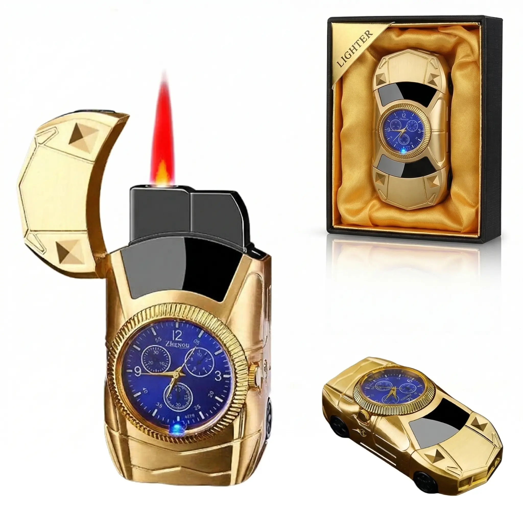 Gold Sports Car Watch Torch Igniter - Red Flame Windproof Refillable Butane Igniter for Men,Jet Torch Lighter Luxury Igniter as Birthday/Anniversary Gift（First use requires self inflation）