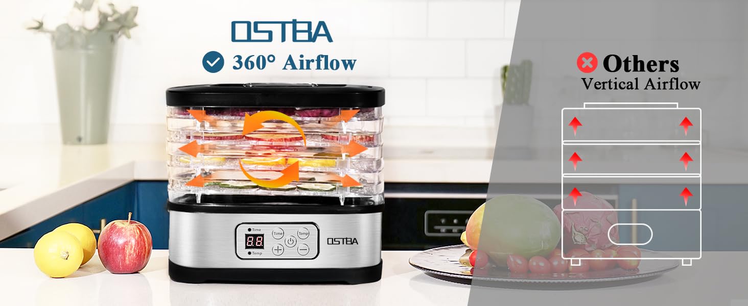 OSTBA Food Dehydrator Machine Adjustable Temperature & 72H Timer, 5-Tray Dehydrators for Food and Jerky, Fruit, Dog Treats, Herbs, Snacks, LED Display, 240W Electric Food Dryer, Recipe Book Appliances,low power consumption