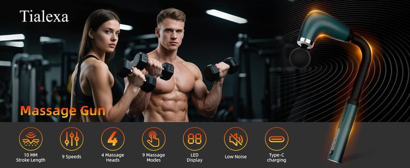 Massage Gun With Upgraded Extended Handle, Ergonomic Massage Gun USB Rechargeable Neck/Shoulder/Waist Massage for Pain Relief, Stepless Speeds 4 Massage Heads & 9 Speed Levels Ideal Christmas Gift for Friends & Families