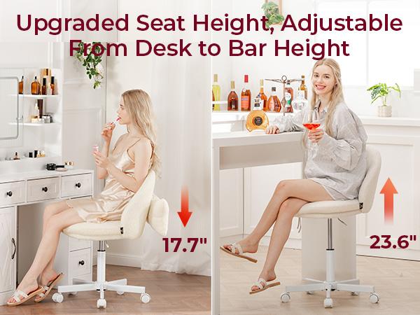 COMHOMA Teddy Velvet Office Chair with Wheels - Versatile Height Adjustment 17.7" to 23.6" - Ergonomic Design with Bow Lumbar Pillow - Compact Armless Vanity Chair for Desk & Bar Stools - Perfect Gift
