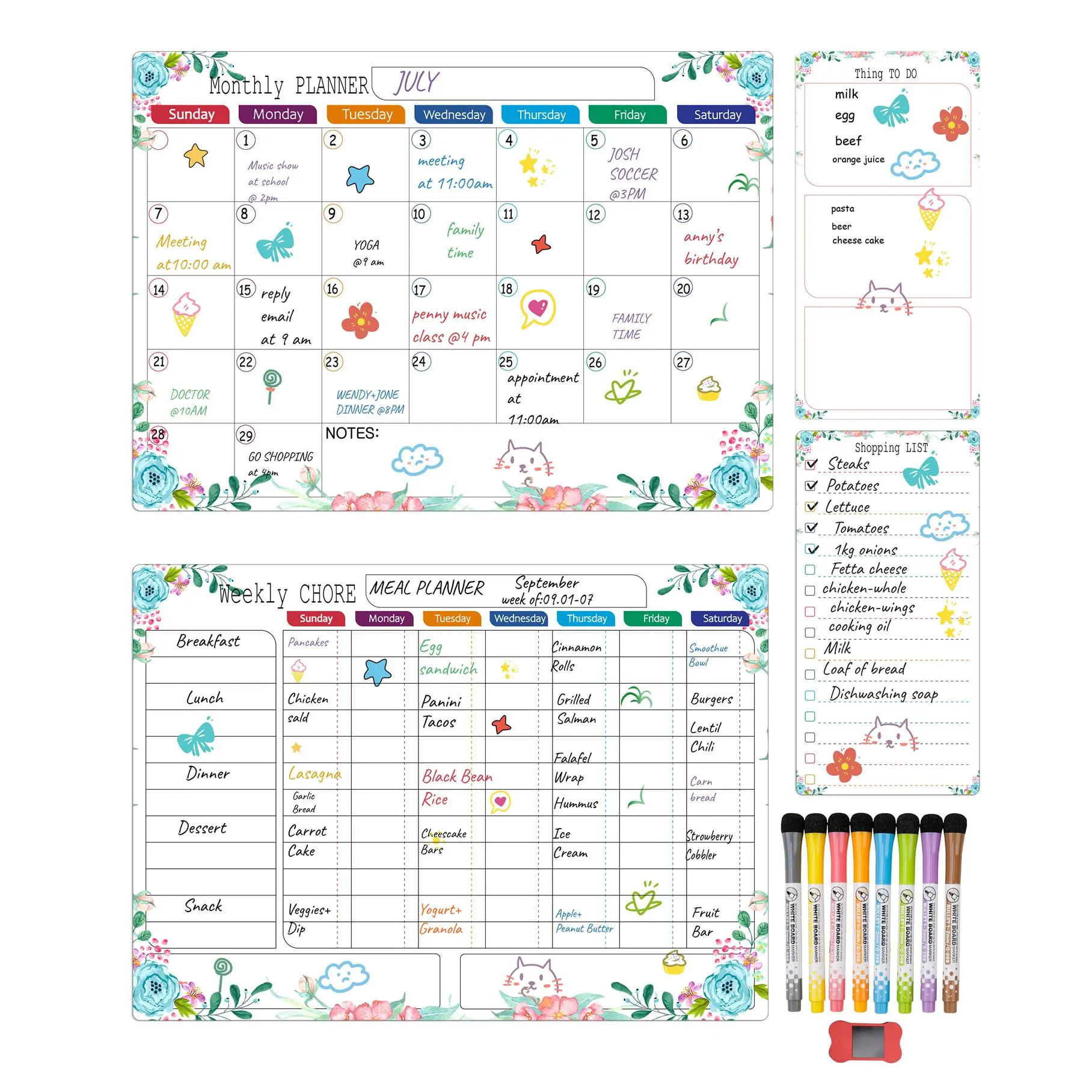 4-Pack Magnetic Dry Erase Calendar Whiteboard Set, Includes Monthly, Weekly & Daily Notepads, 8 Markers and 1 Eraser, Meal Planner for Fridge, for Refrigerator Surface, Home Planner, Calendars Planners, Day Planner