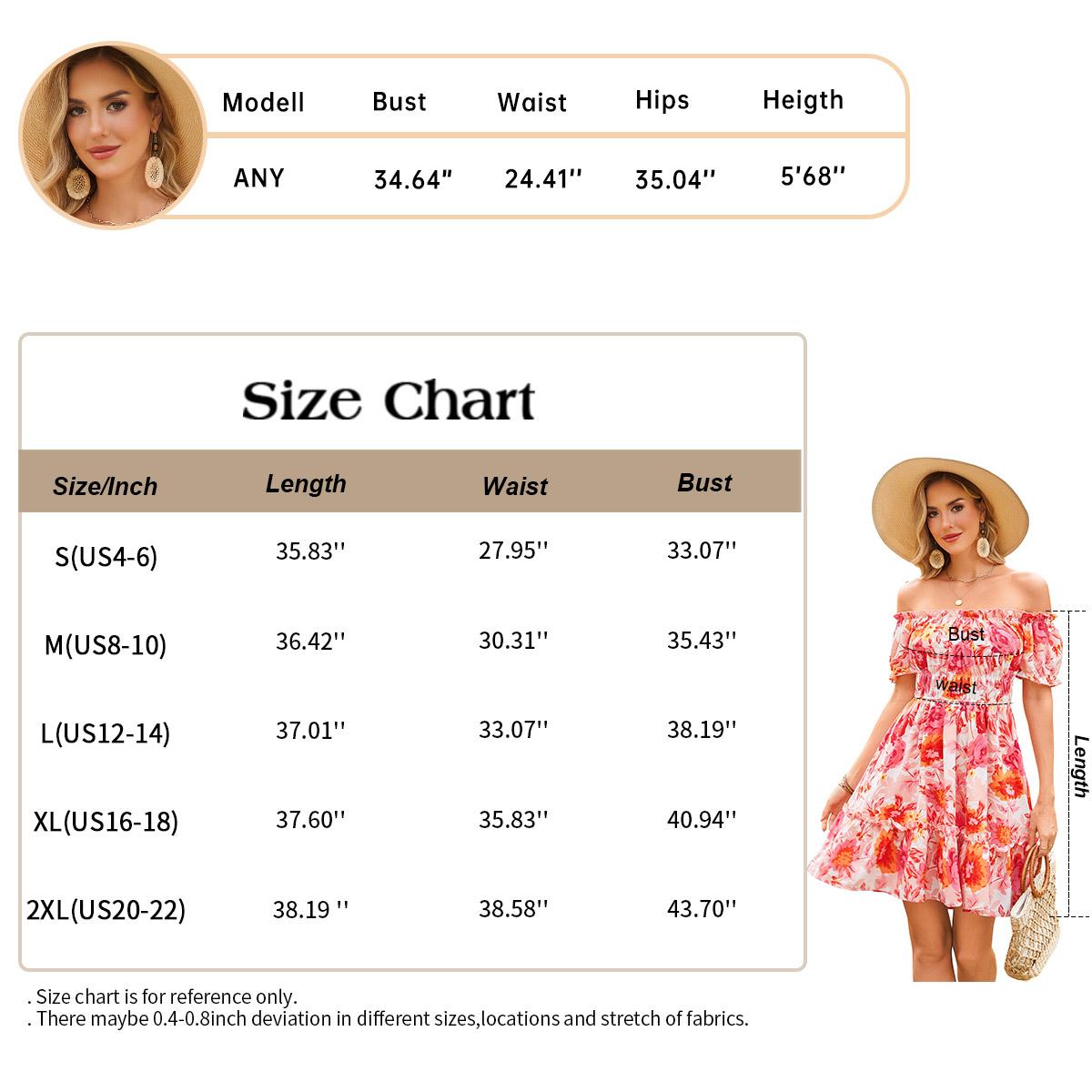 Chicovar Women's Summer Floral Print Mini Dress with Pockets, Off Shoulder & Square Neck Ruffle Short Sleeve Smocked Waist A-Line Dress for Wedding Guest, Vacation & Date Night, Valentine’s Day