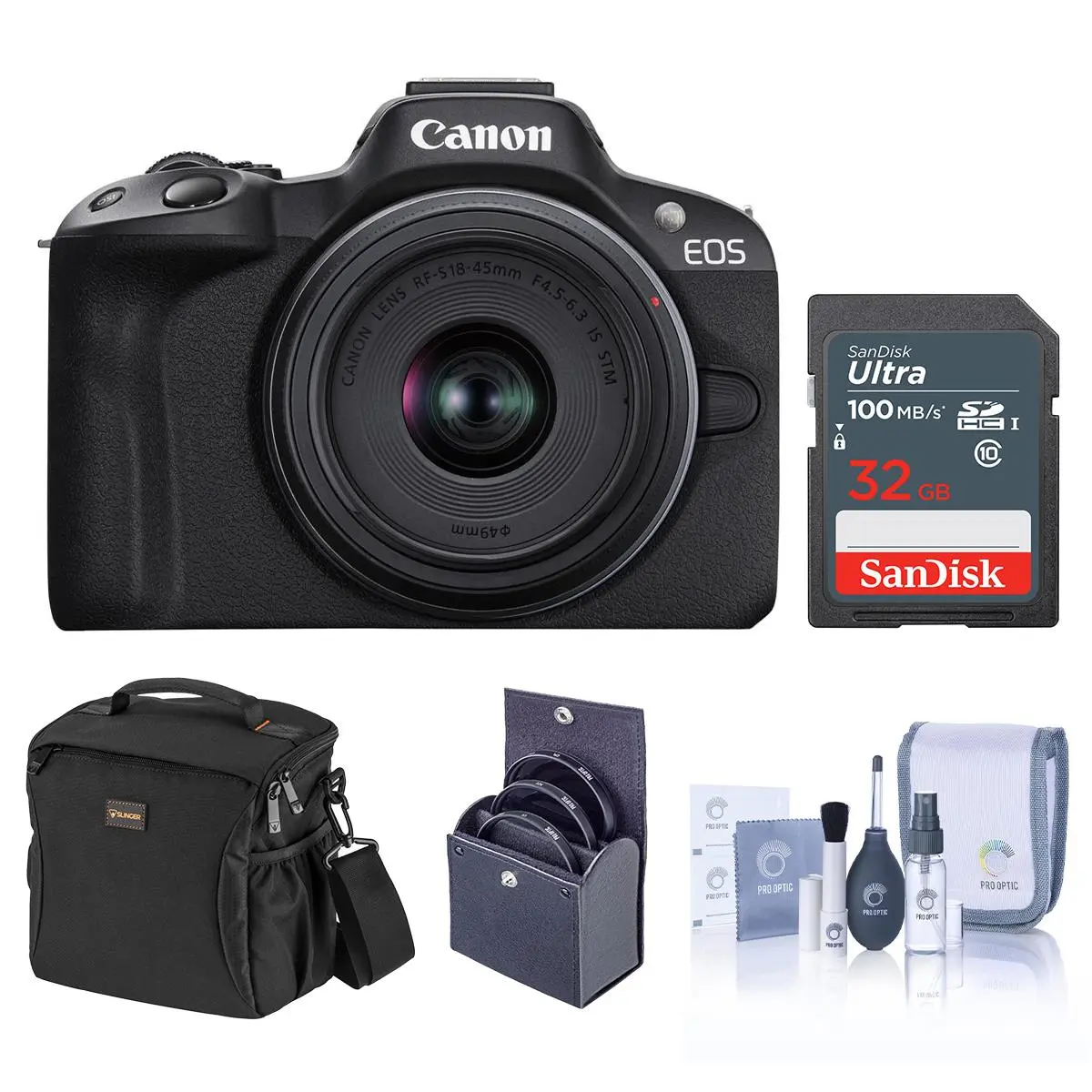 Canon EOS R50 Compact Beginner-Friendly Black Mirrorless Camera with RF-S 18-45mm f/4.5-6.3 IS STM Lens, 32GB SD Card, Shoulder Bag, 49mm Filter Kit, Cleaning Kit, 3" LCD, Built-In Li-Ion Battery, CMOS Sensor for High-Quality Picture
