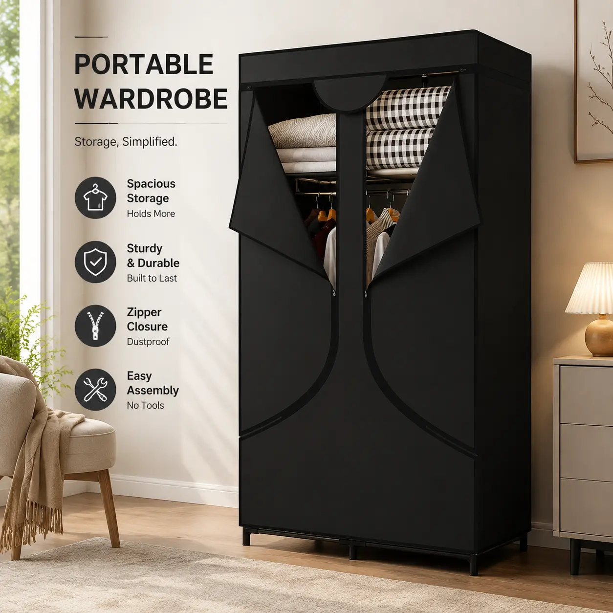 LINZINAR Portable Closet Large Wardrobe 34in/51in Clothes Organizer with 2 Shelves 4 Hanging Sections Metal Frame Dustproof Home Bedroom Storage memorial day sale