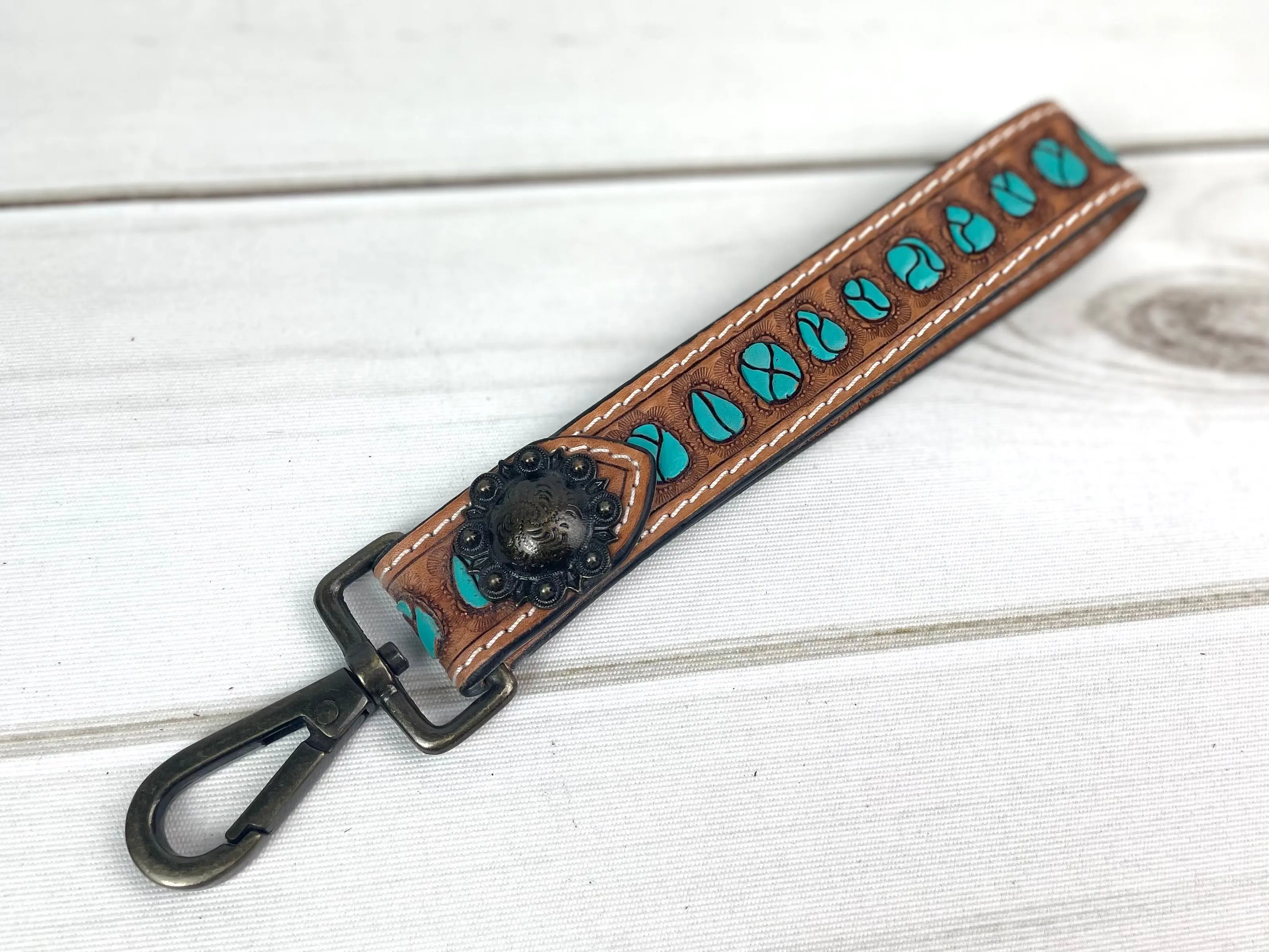 Turquoise Tooled Wristlet Leather Keychain