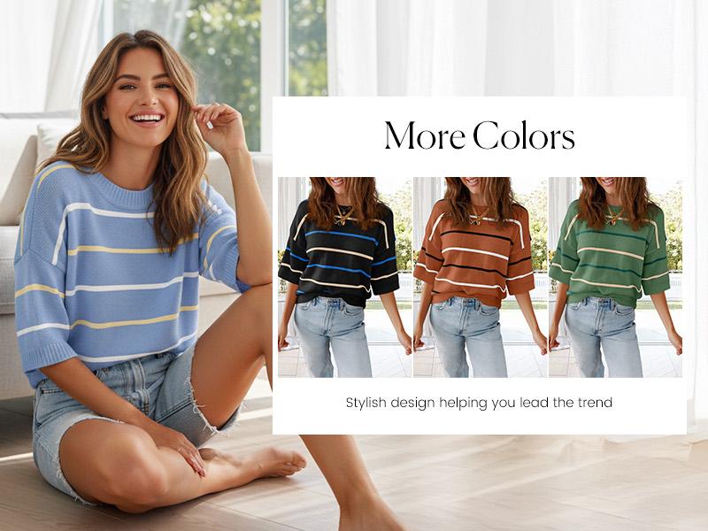 Shewin 2026 Spring/Summer Women's Short Sleeve Striped Sweatshirt - Soft Breathable Fabric Crew Neck Pullover Top for Daily Wear