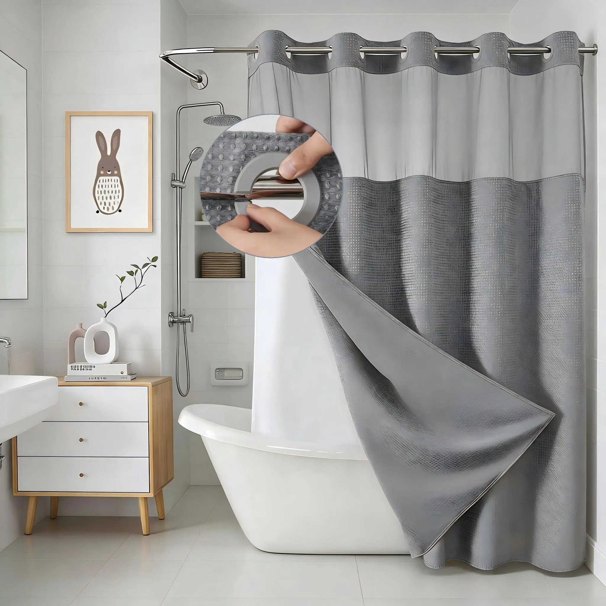 Pet Grooming Shower Curtain Set - Cloth Fabric Shower Curtains with Snap-Liner, Leak-Proof Waterproof Liner, Contemporary Waffle Weave, See-Through Mesh Window, Machine Washable, Standard Sizes, Wall-Shielding Bathroom Accessory