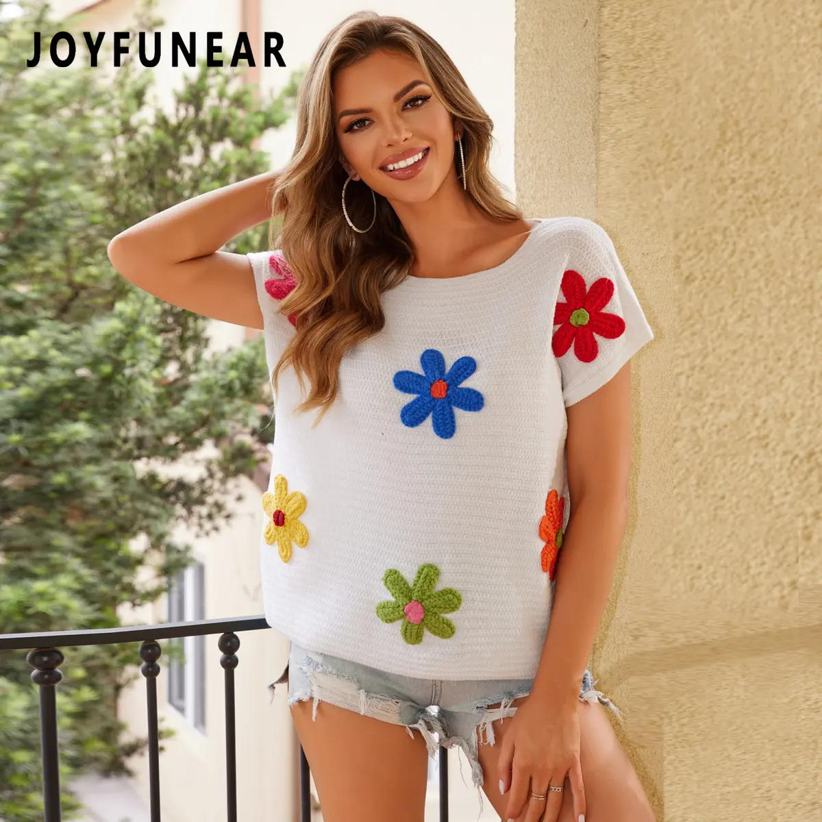 Joyfunear Women's Short-Sleeve Knitting Pullover with Crochet Flower Embellishments, Casual Crewneck Top, Shortsleeve, Floral, Basic, Women's Clothes, Knitwear, Crochet Flowers, Medium Length