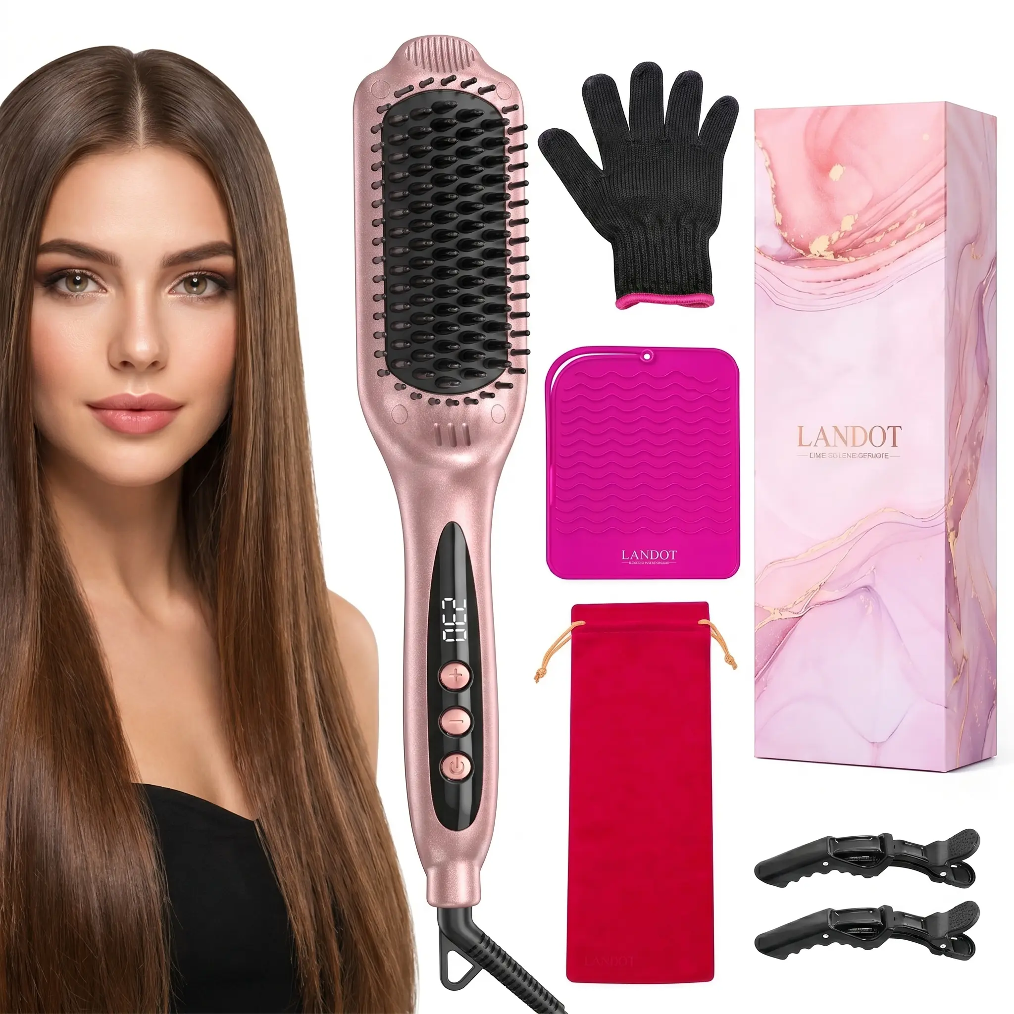 LANDOT Rose Gold Ionic Plastic Hair Straightener Brush - Ceramic Smooth Flat Iron, Straightening Bristle Brush, 12 Adjustable Heat Settings (250-450°F), Dual Voltage, Ideal for Medium-Long Women's Hair, Daily Use Beauty Products Gift Box, Hair Flat Iron