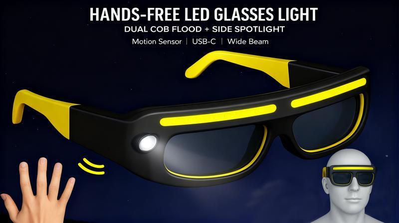 Gesture control LED glasses, rechargeable headlamp sports glasses, 5 modes, USB-C interface, suitable for running, camping, night maintenance, night work, hands-free lighting glasses.