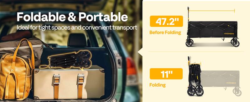 VIVOHOME 48''L Extended Collapsible Wagon Cart with 440lbs Weight Capacity, Heavy Duty 350L Folding Utility Garden Cart with Extended Tailgate and Big All-Terrain Beach Wheels