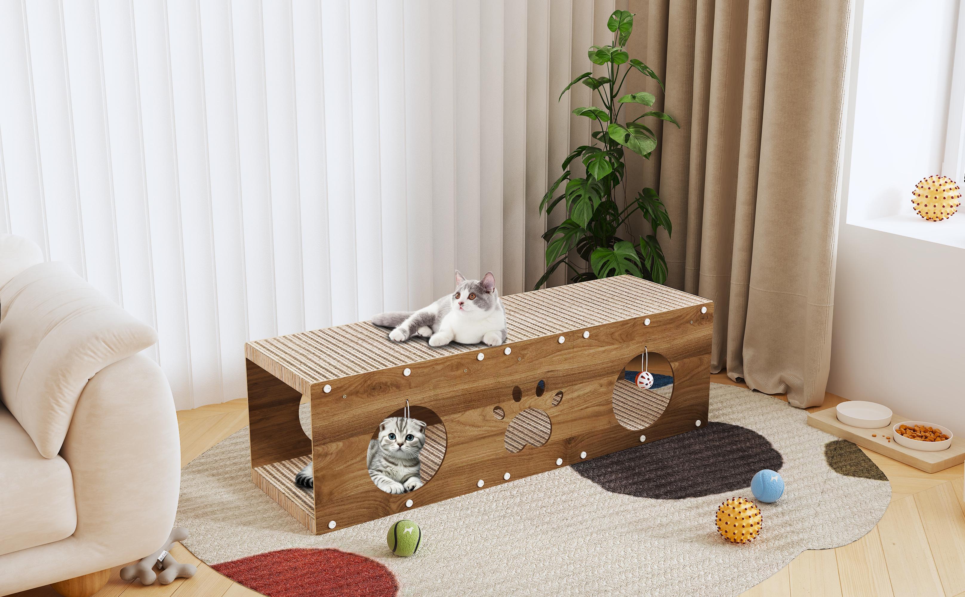 IRONCK Large Wooden Cat House & Scratcher with Ball Toy | Durable Pet Furniture for Indoor Cats, 2-in-1 Playhouse & Cat Bed