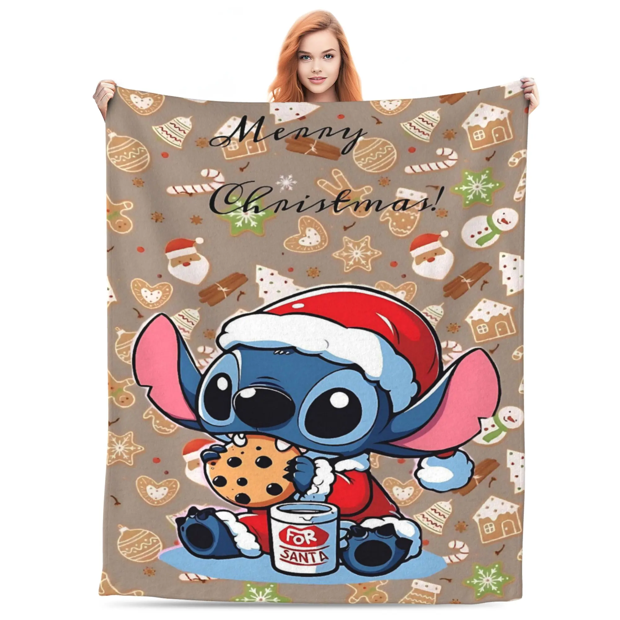 [SummerVibes] DISNEY CLASSIC Lilo & Stitch Christmas Soft Throw Blanket - Cozy Plush Blanket with Stitch Eating Cookie & Festive Sweets Pattern for Bedroom, Sofa, Holiday Decor & Gift