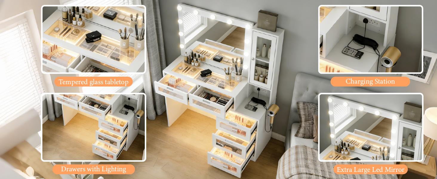 HUAYING Vanity Desk with LED Mirror, Side Cabinet & Charging Station, Makeup Vanity Table with Glass Door & Drawers, Dressing Table for Bedroom