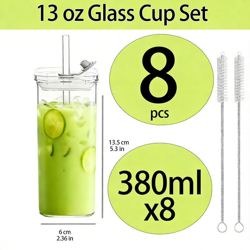 Nifogo Glass Cups with Lids & Straws, 8 Sets Square Ribbed Drinking Glasses with Lids, Clear Highball Tumblers for Cocktail, Coffee, Juice, Beer, Modern Mixed Drinkware Jars(13oz)
