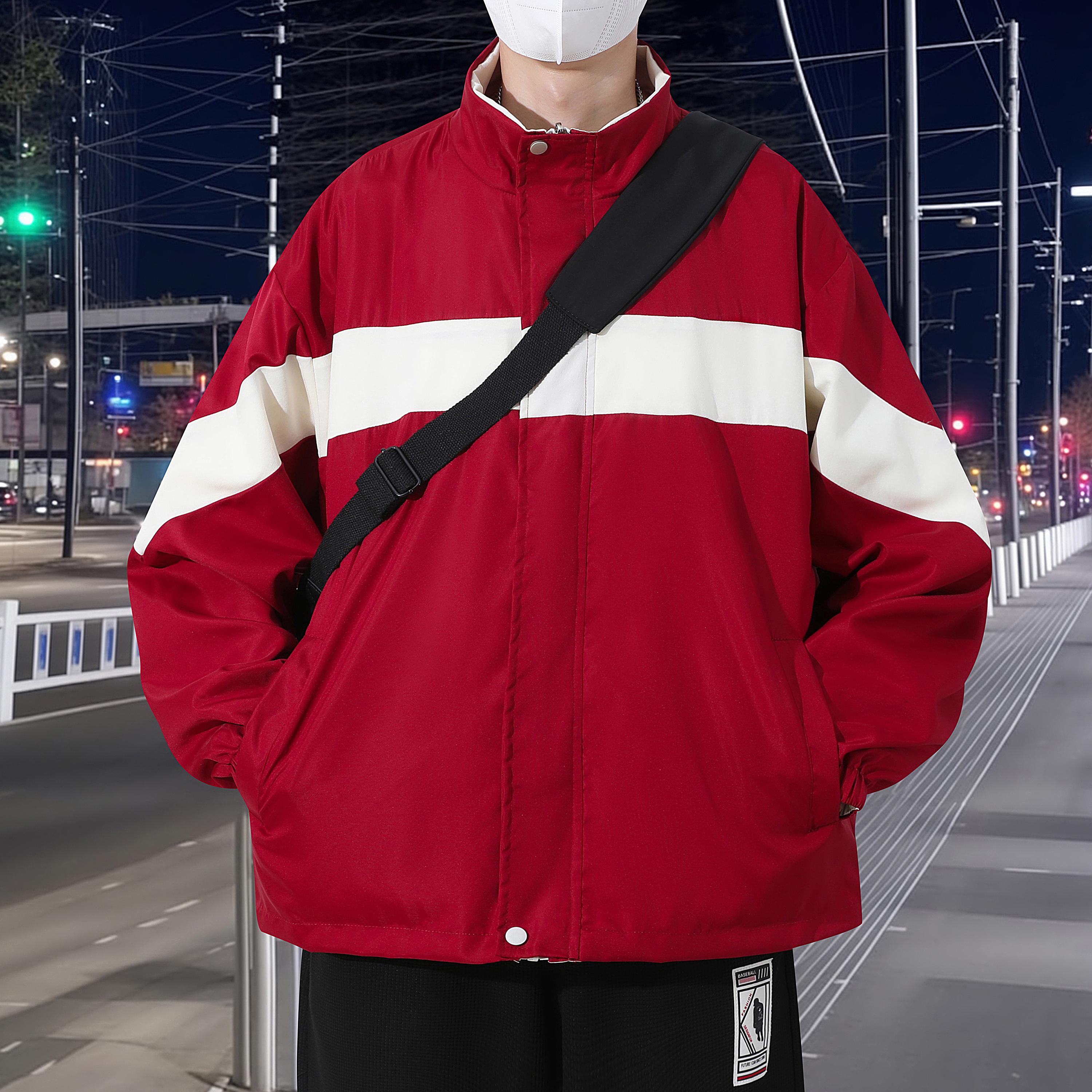 Men's Black & White Stripe Loose-Fit Down Jacket Stand Collar Winter Coat with Zippered Pockets Night City Street Style Warm Puffer Jacket