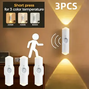 3 Counts USB Rechargeable Sports Sensor LED Smart Lights, Rechargeable Dimmable Wall Lights, 3-Color 3000K-6000K Wall Mounted Night Light, Gradient Dimmable Indoor Step Lights for Entrances, Bathroom, Hallway, Bedside, Desk, Toilet and Wardrobe