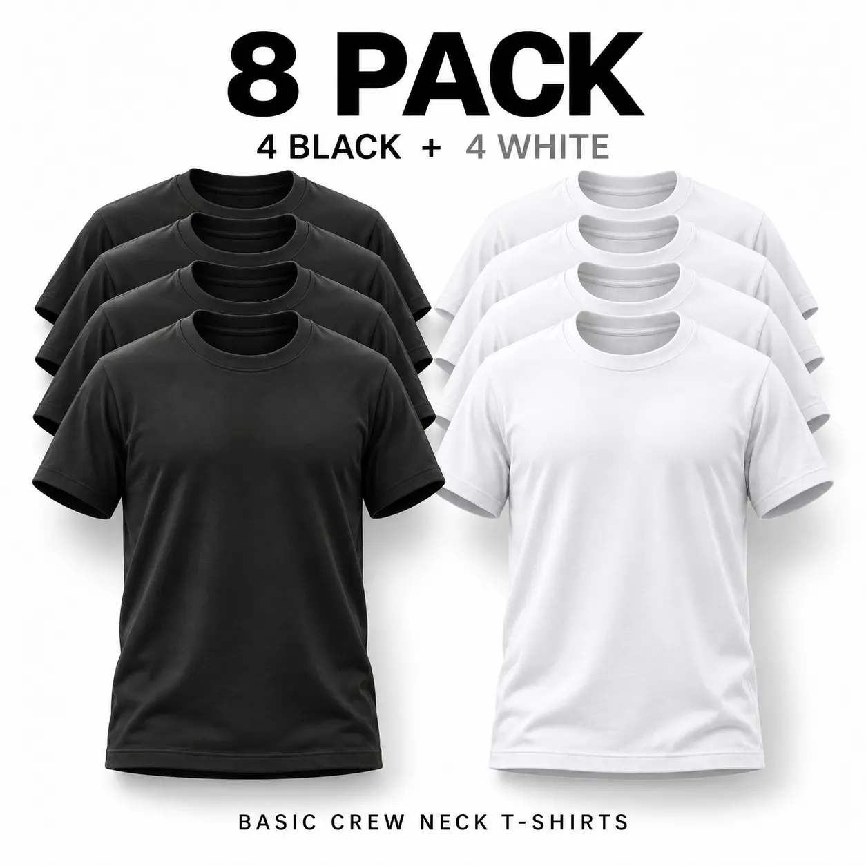 Men's 8-Pack Cotton Blend Crew Neck T-Shirts, 4 Black & 4 White, Soft Short Sleeve Unisex Plain Tees with a Relaxed Fit, Casual Wardrobe Essentials for Everyday Outfits, Streetwear, Comfortable Layering, Travel and Weekend Wear multipack