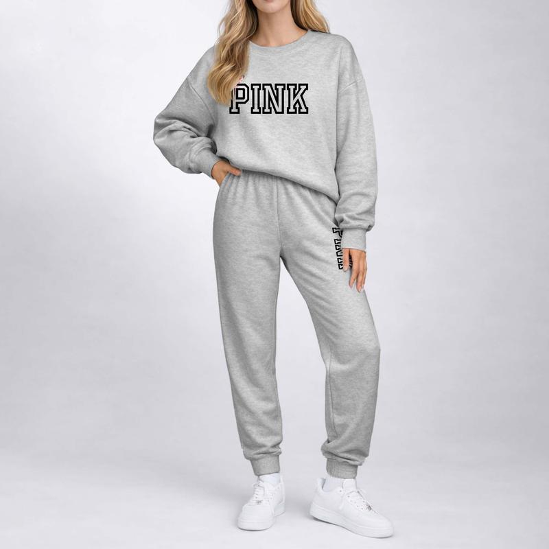 Women's Pink Letter Print Crewneck Sweatshirt and Drawstring Track Pants Set, Casual Sportswear, Long-Sleeve Round Neck Top and Pants, Suitable for Spring, Autumn and Winter, Everyday Wear
