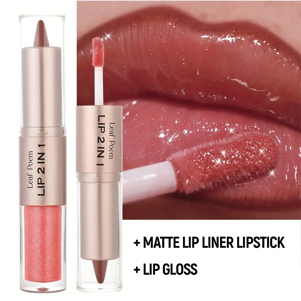 Dual-Ended Lipstick, Lip Liner & Lip Gloss Set, Matte Outline Lipstick & Mirror Finish Lip Gloss, Beeswax, Cocoa, Nourishing, Perfect Gift Idea, Long-Lasting Shine Effect, Lip Makeup Set