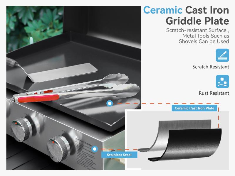 Kitchen Academy 27 Inch Flat Top Grill with Ceramic Coated Cast Iron Pan, 3-Burner Propane Gas, Nonstick Design, Stainless Steel Barbecue Home Food Kitchenware