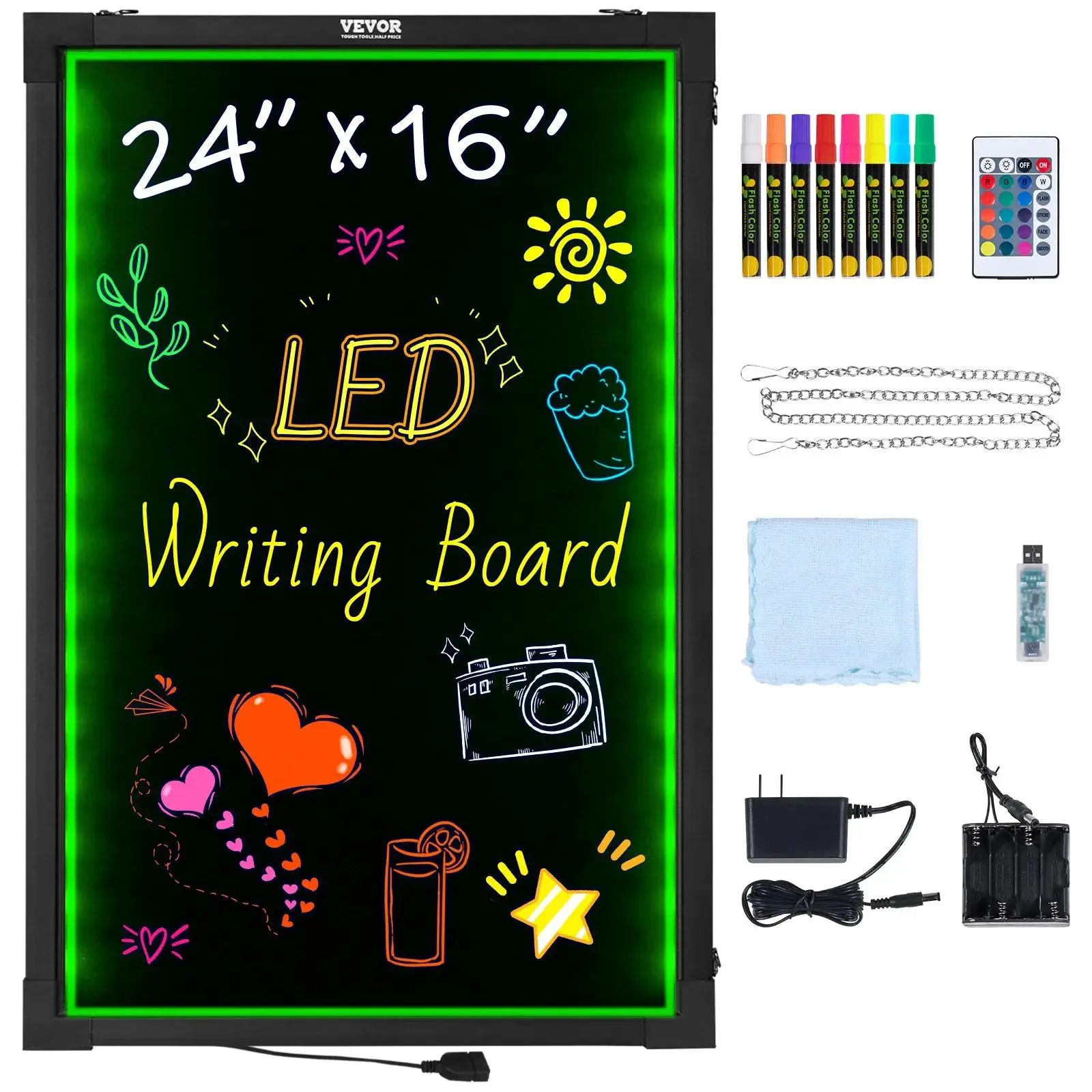 【DealsForYouDays】VEVOR LED Message Writing Board,  24"x16" Illuminated Erasable Lighted Chalkboard, Neon Effect Menu Sign Board, Drawing Board with 8 Fluorescent Chalk Markers and Remote Tested to UL Standards