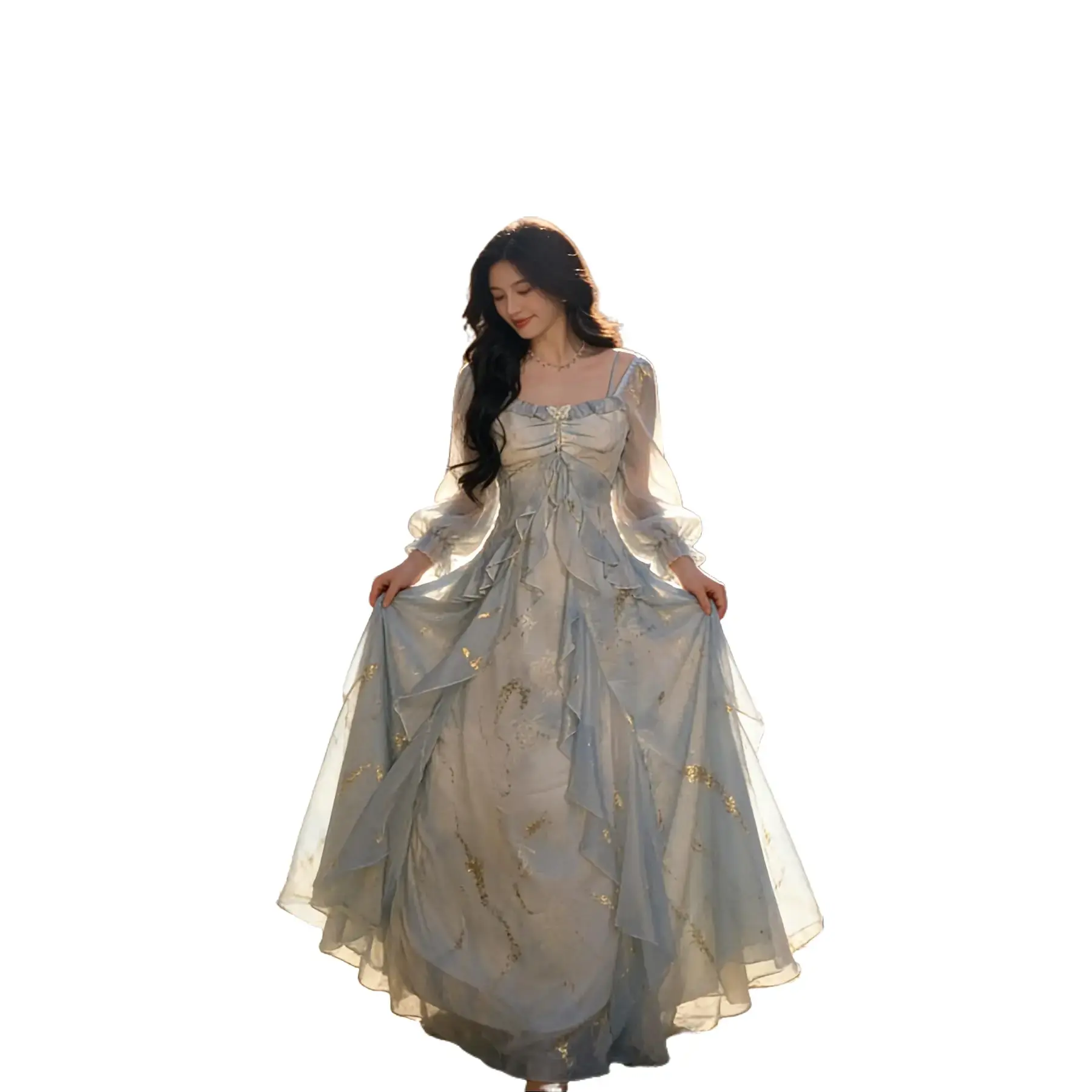 Lady's Polyester Casual Off-Shoulder Butterfly Dress - Ash Blue Gradient, Gold Foil Butterfly Print, Ruffled Long Sleeves, Fabric, Knit, Longsleeves, Butterfly Foil