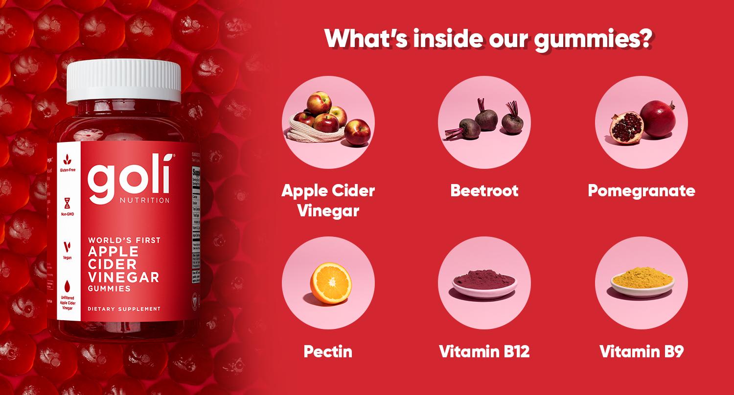 3 Bottles of Goli Apple Cider Vinegar Gummy Vitamins - Vitamin B12, Gelatin-Free, Gluten-Free, Vegan & Non-GMO.