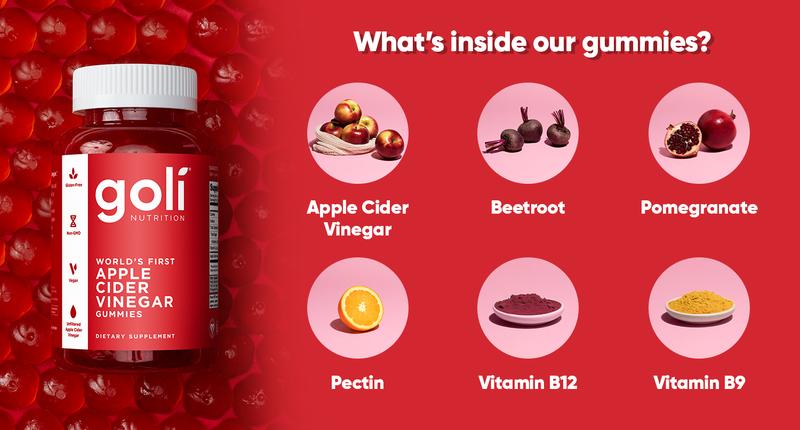 3 Bottles of Goli Apple Cider Vinegar Gummy Vitamins - Vitamin B12, Gelatin-Free, Gluten-Free, Vegan & Non-GMO.