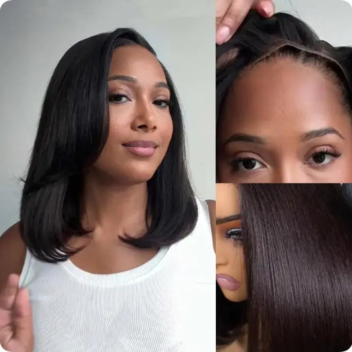 【Silk Press Look】Wear & Go Yaki Straight Glueless Bob Wig Pull Go Pre Cut Lace Wig Natural Human Hair Wig Pre-Everything Wig #1B 180% Density Glueless Lace Black Yaki Bob Bleached Knots Wig