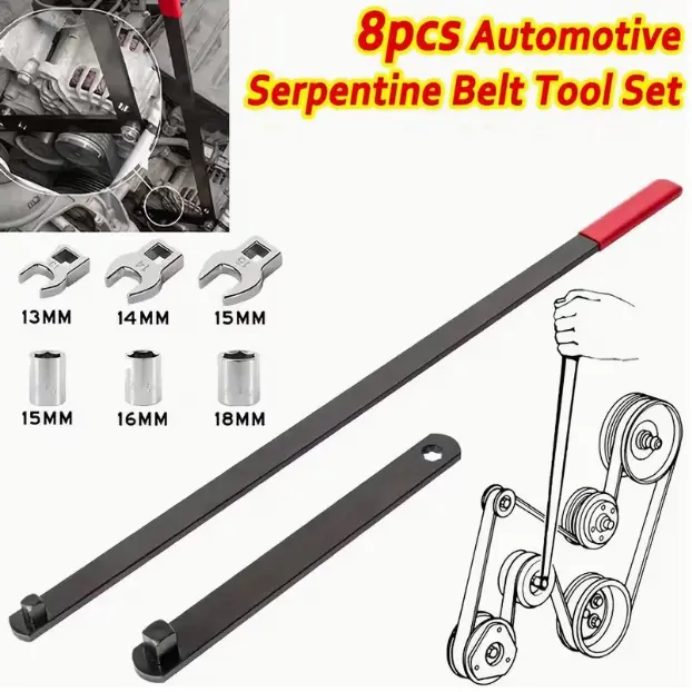 8-Pc Professional Automotive Serpentine Belt Tool Set - 3/8"-1/2" Drive Tightener Wrench, Idler Pulley Adjuster, Tightening Tool for Engine Repairs, DIY Maintenance, Versatile Use in Belt Removal & Installation