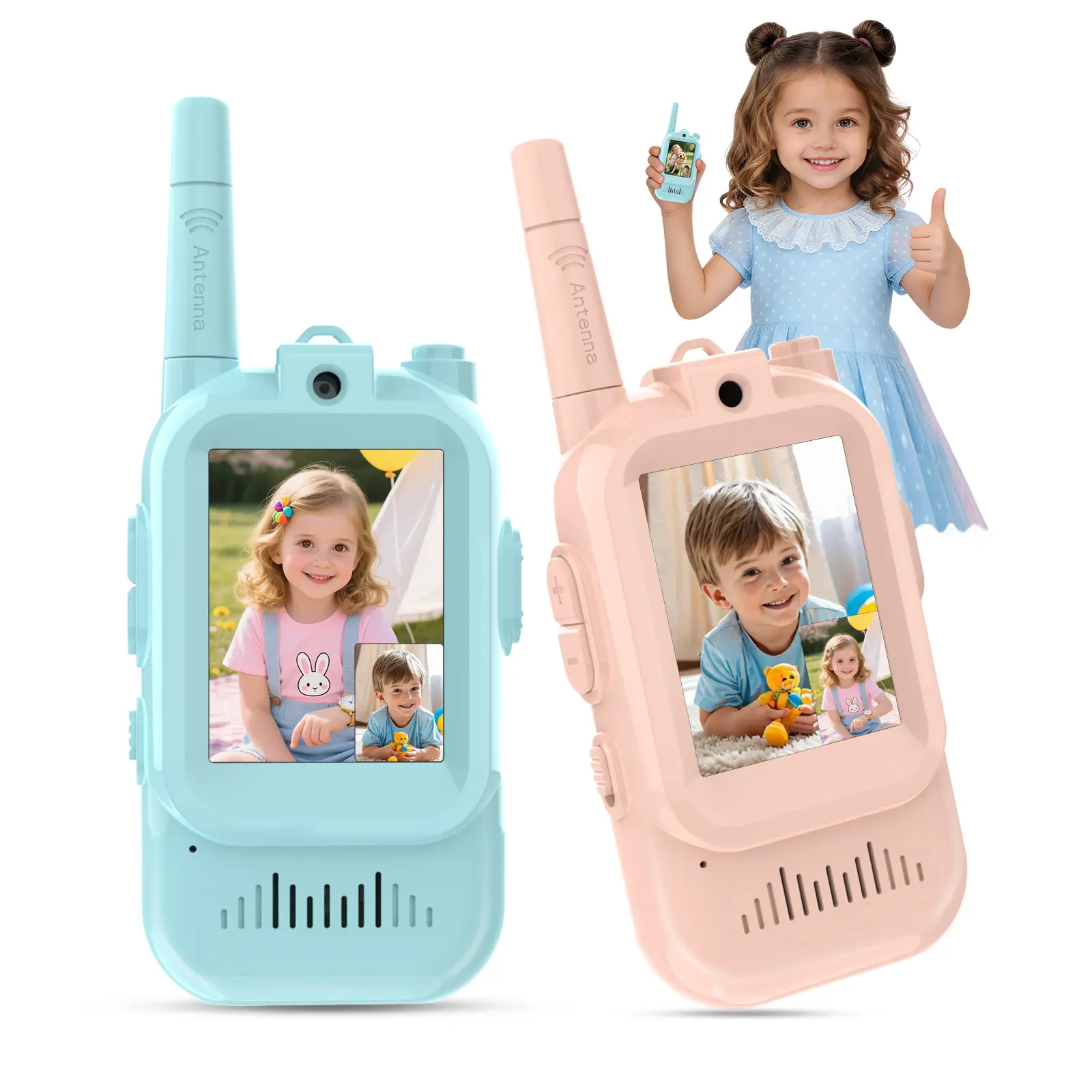 Kids' Rechargeable Video Walkie Talkies - 2-Pack Reusable Remote Handheld Intercoms, Ideal for Daily Use, Birthdays, Camping (Blue/Pink, Ages 3-12, None Extra Setup Needed)