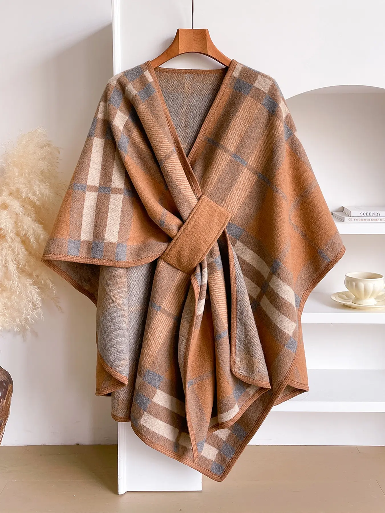 Women's Elegant Plaid Wrap Cape Poncho, Boho Style Print Shawl, Soft Fabric Warm Shawl, Casual Holiday Shawl Wrap Poncho