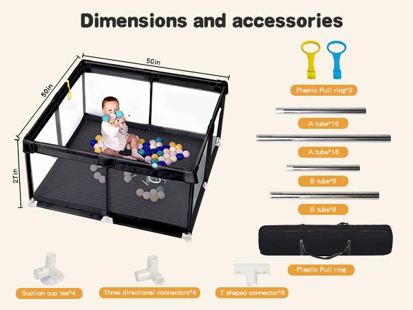 dearlomum 50" x 50"/ 71" x 59"Extra Large Baby Playpen for Babies and Toddlers, Safe Activity Center with Soft Play Fence, Indoor Safety Yard, Easy to Assemble and Clean，Noneremovable waterproof thick mat (Black/Gray)
