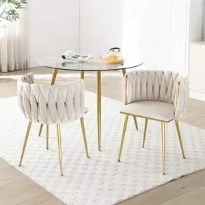 Modern Velvet Dining Chairs Set of 2, Upholstered Woven Accent Chair with Golden Metal Legs, Upholstered Dining Chairs for Dining Room, Kitchen, Vanity, Living Room