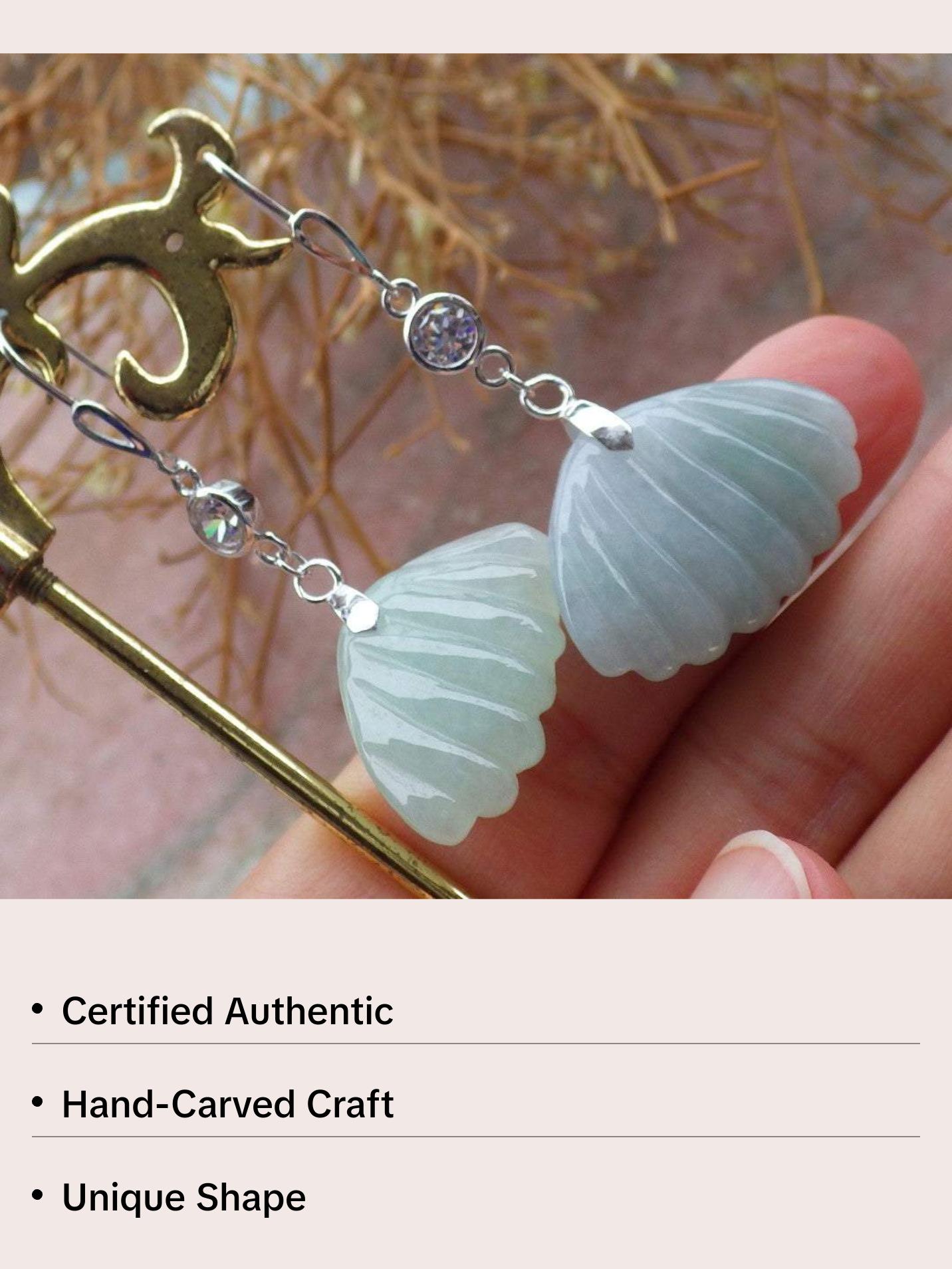 Certified Sterling Silver 925 100% Green Natural Myanmar Burma Hand Carved A Jade Jadeite Sea Shell Dangle Earring Earrings