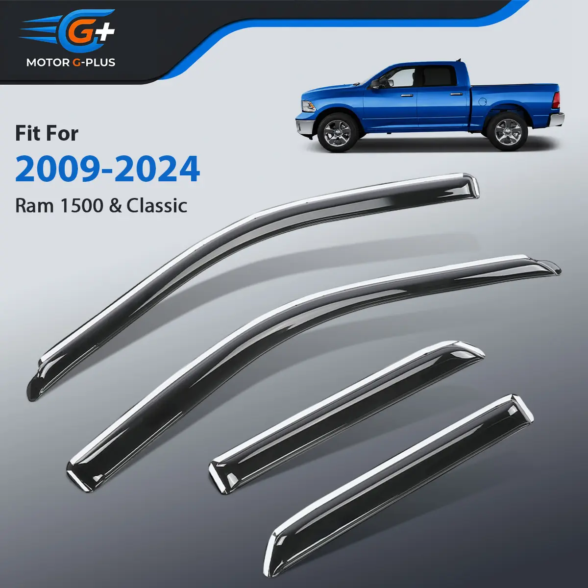 MOTOR GPLUS Acrylic Car Window Visors - Tool-Free Peel-Stick Rain Deflectors, Custom-Fit for 2009-2024 Ram 1500 & 2019-2024 Ram 1500 Classic Quad Cab, Car Exterior Accessories