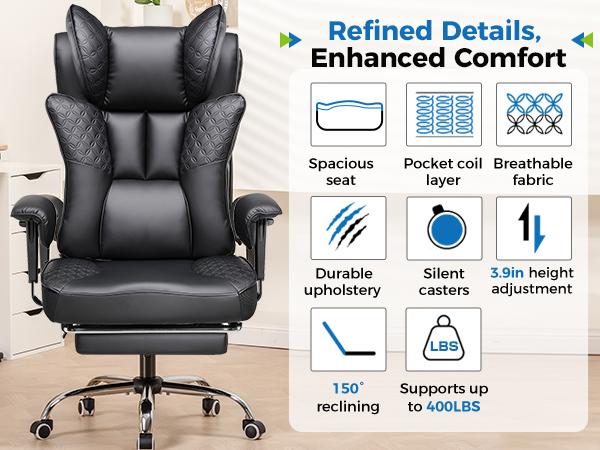 GTPLAYER Big and Tall Office Chair 400LBS Wide Ergonomic Gaming Chair with Deluxe Embossing Designed Leather, 150° Reclining, Adjustable Soft Armrests, Pocket Spring Back Support, and Pillow