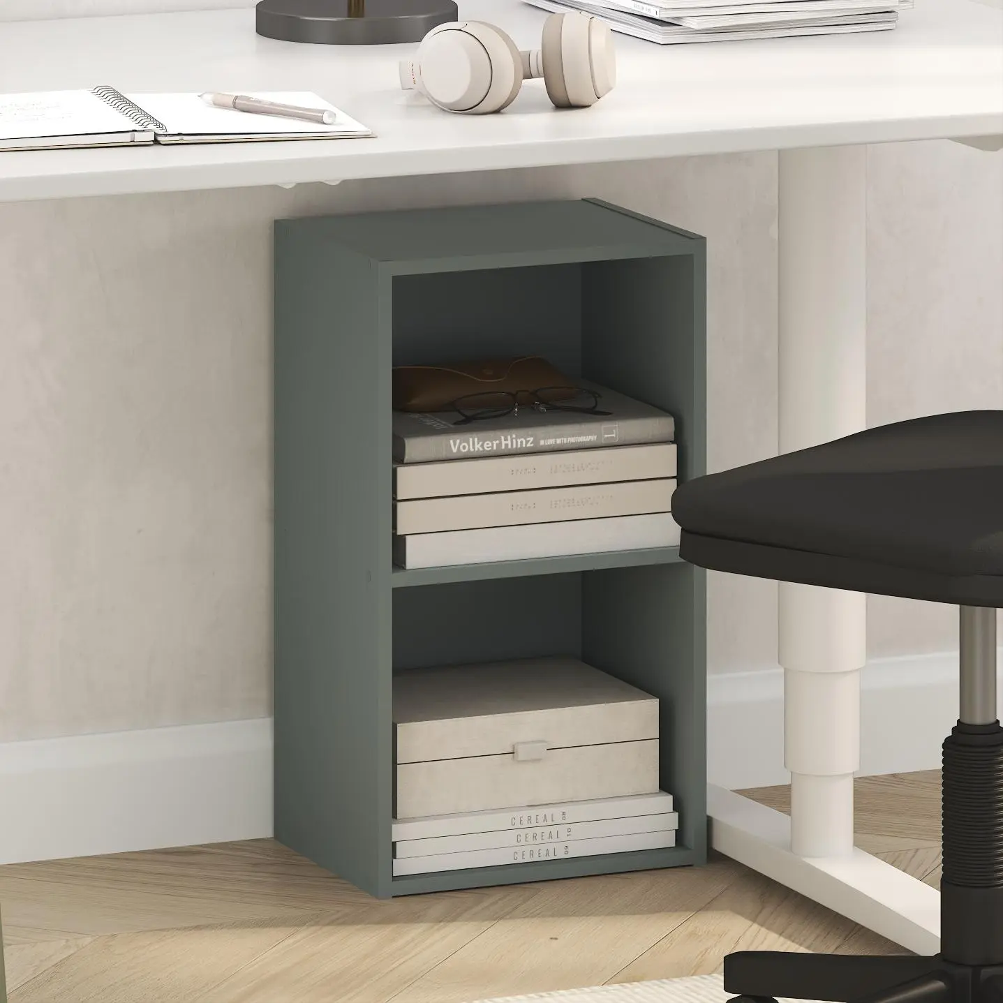 Modern Sage Green 2-Tier Open Bookshelf Rack - 9x12x21 in, Vertical Slim Contemporary, Space Saving Small Space Solutions, Family Friendly, Clean Aesthetic Storage for Collectibles/Book Nook, Indoor Furniture for Living Room/Home Office