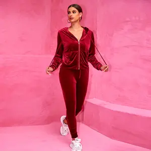 Joyfunear Women's Velvet Tracksuit Set: Hooded Zip-Up Jacket + Jogger Pants