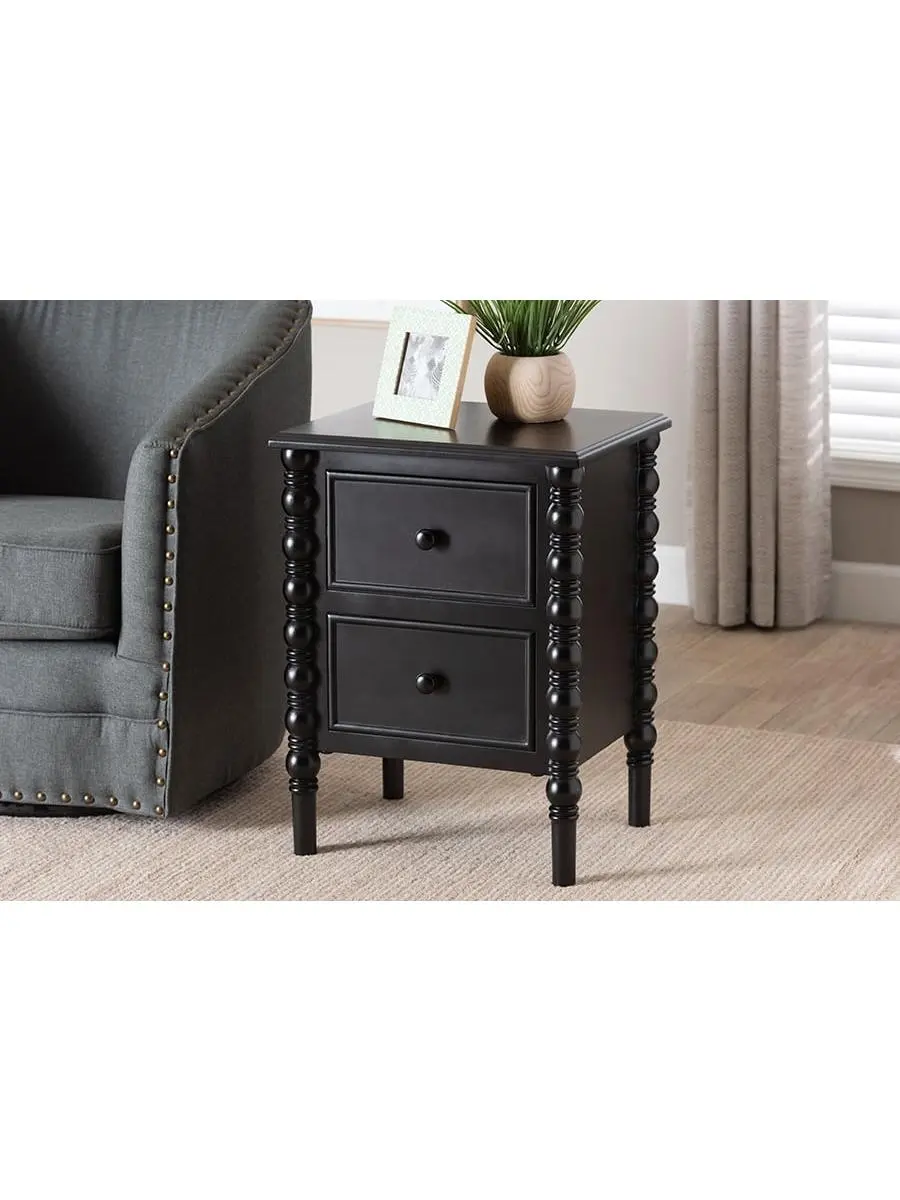 Baxton Studio Malinda Classic Wooden 2-Drawer Black End Table with Spindle Legs, Nightstand with Drawer, 17.70in x 15in x 23.60in, 27 lbs, Fully Assembled Indoor Storage Table, Nightstands With Drawer, Storage Drawers