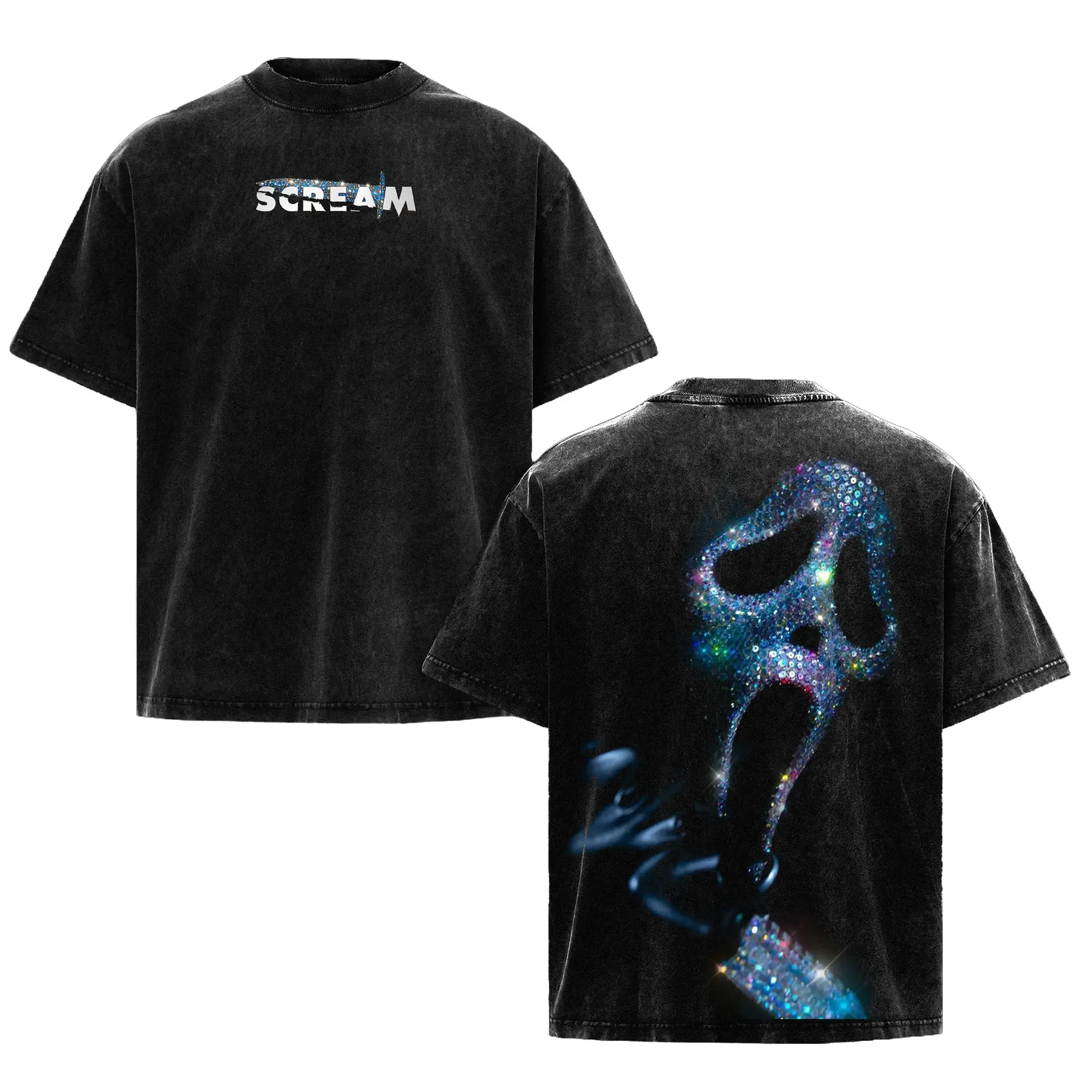Diamond Ghostface Oversized Acid Washed T-Shirt & Hoodie, Retro Vintage Scream 7 Movie Double Sided Printed Unisex Classic Casual Soft Cotton Retro Streetwear Graphic Tee Apparel, Top Menswear Gift for Movie Horror Fan Lover Merch
