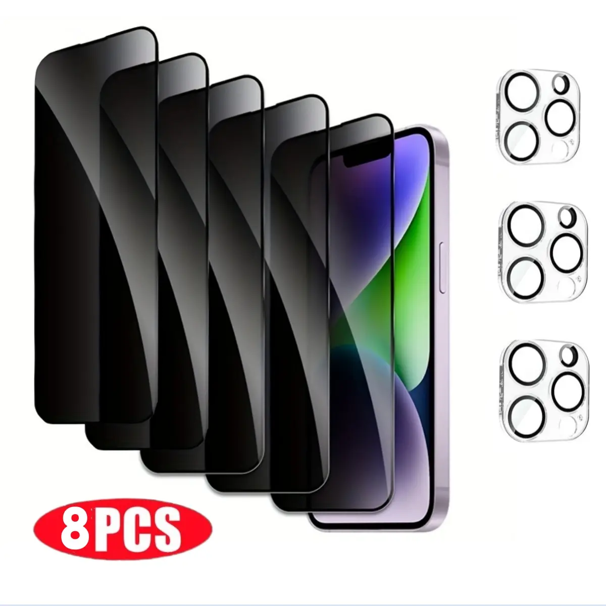 8-Piece iPhone Protection Bundle - 9H Hardness Spy-Proof Full-Coverage Tempered Glass (5 Anti-Crack Aftermarket Screen Protectors) + 3 Flash-Protected Camera Lens Protectors for iPhone 13,14 Pro,15,16,16E Plus,16 Plus,17 Pro Max, Screen Protector Iphone