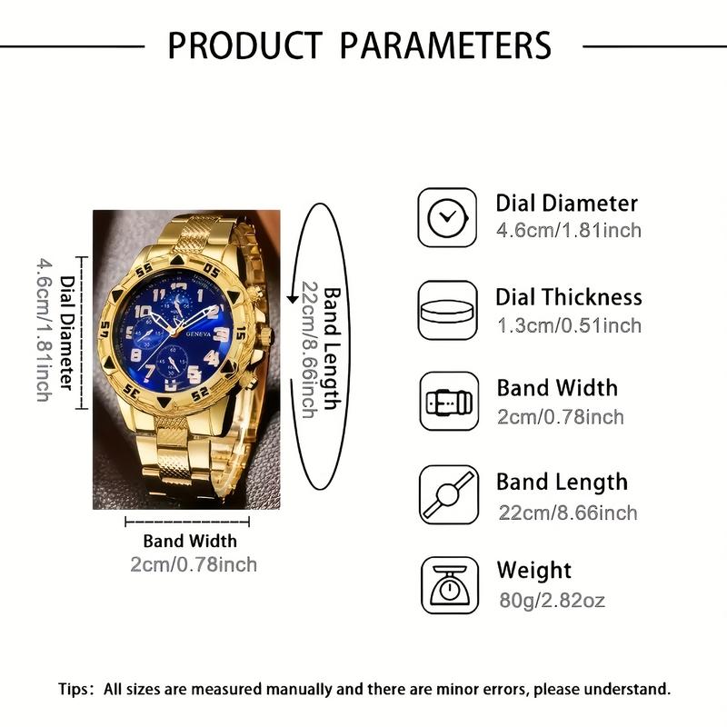 Men's Luxury Watch Set with Cross Necklace, Cuban Bracelet, Ring, Alloy Case Band, Rhinestone Design, Perfect Gift  Business Casual to Outdoor Adventure, The Perfect Graduation Gift for Young Men