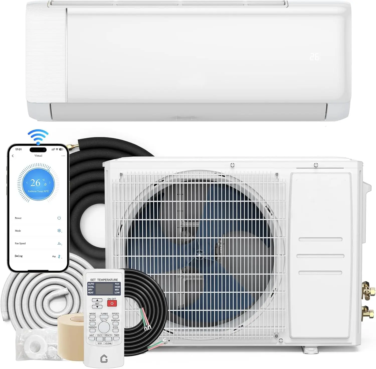 Gaomon 18000 BTU WiFi-Enabled Mini Split Air Conditioner & Heater with Fan, 19 SEER2 Energy Efficient, 230V, WiFi Control, Timer, 4D Airflow, 60s Second Heating, Even Temperature Distribution, Auto Cleaning, Copper Lines (Ideal for Home Shops)