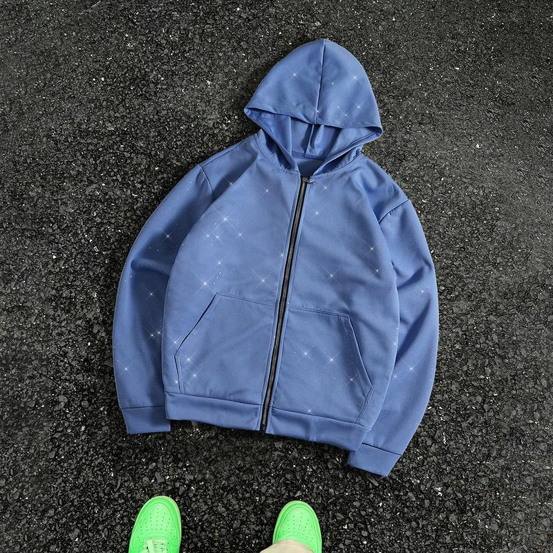 Men's Gypsy star design shiny zipper hooded sweater, soft and skin-friendly fabric, pocket design, street trendy cool style, daily going out on the street, casual commuting adaptation, personalized trend couples versatile wear