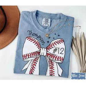 Custom Baseball Number Comfort Colors Shirt, Baseball Bow Tee, Personalized Baseball Player Shirt, Baseball Fan Gift, Sports Mom, Game Day