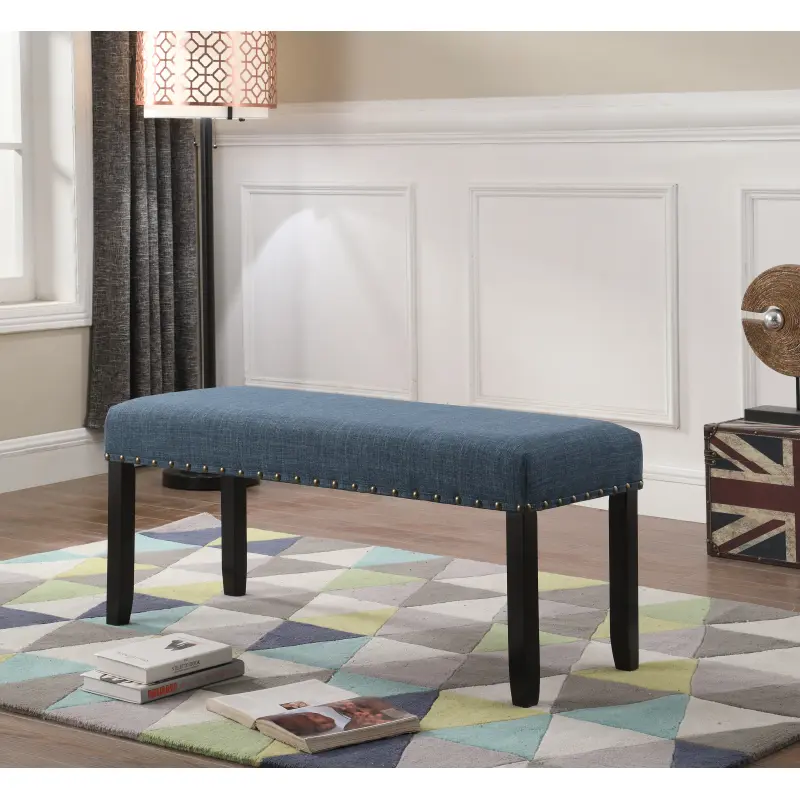 Bellemave Modern Upholstered Dining Bench - Multi-Seat Rectangular Armless Stool, Biony Fabric with Nailhead Trim, Blue Linen-Cotton Upholstery, Solid Hardwood Legs, 44x16.5x19in, Seats 3, Indoor Modern Furniture, Multi-Seat Benches